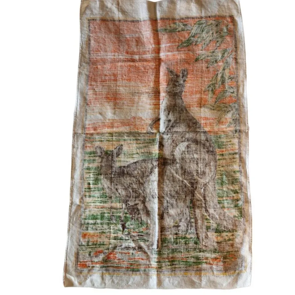Vintage Hand Printed Linen Tea Towel Australia Kangaroo Pattern 31